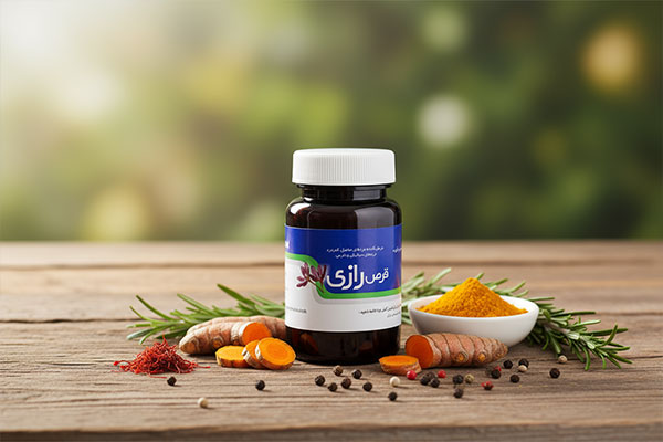 قرص رازی نیاک همراه با گیاهان دارویی روی میز چوبی