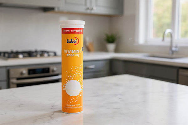 قرص جوشان ویتامین سی یوروویتال در کنار لیوان آب