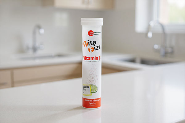 بستهبندی قرص جوشان ویتامین سی 500 ویتافیز روی پیشخوان