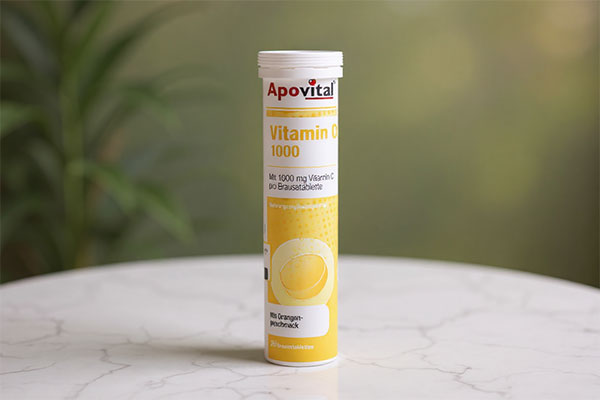 قرص جوشان ویتامین سی 1000 آپوویتال روی سطح مرمر سفید