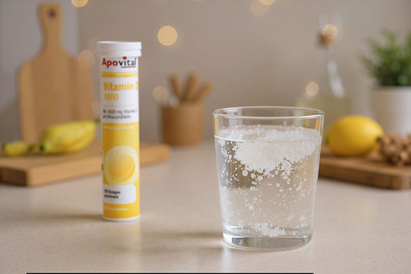 قرص جوشان ویتامین سی آپوویتال در حال حل شدن در آب