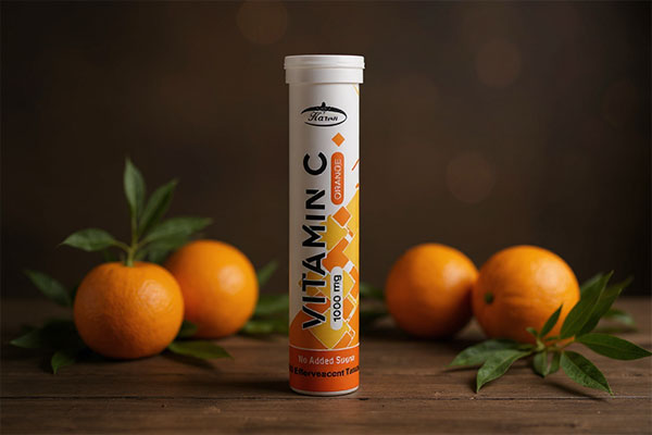 قرص جوشان ویتامین سی 1000 کارن کنار پرتقال تازه