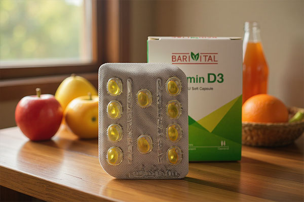 کپسول ویتامین دی باریویتال در محیط طبیعی با نور آفتاب