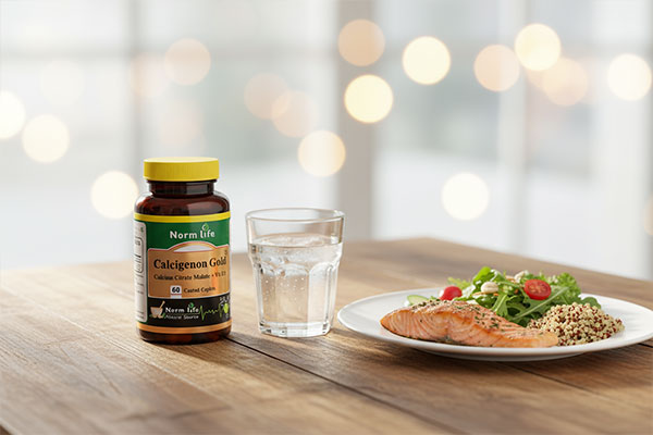 قرص کلسی ژنون گلد نورم لایف همراه با آب و غذا