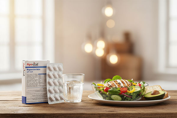 قرص منیزیم اکتیو آپوویتال همراه با آب و غذا