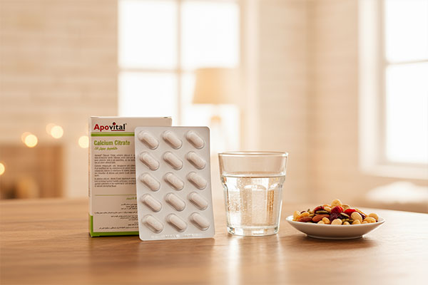 قرص کلسیم سیترات آپوویتال در کنار آب و میان‌وعده سالم