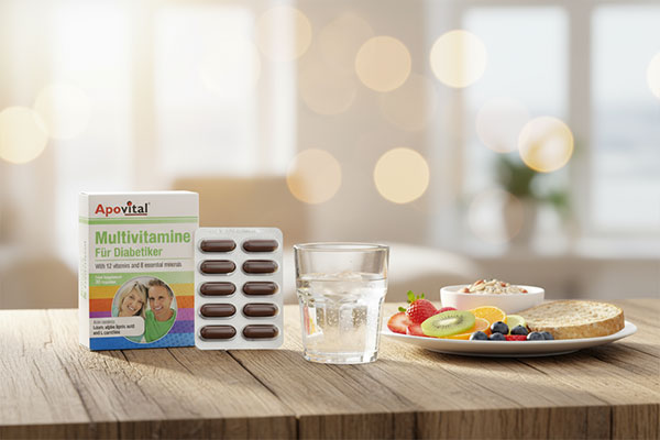 کپسول مولتی ویتامین دیابتی آپوویتال در کنار صبحانه سالم