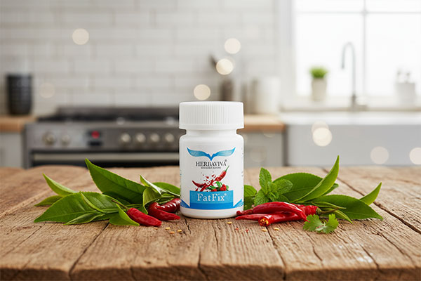 قرص فت فیکس هرباویوا همراه با مواد طبیعی مانند چای سبز و فلفل قرمز