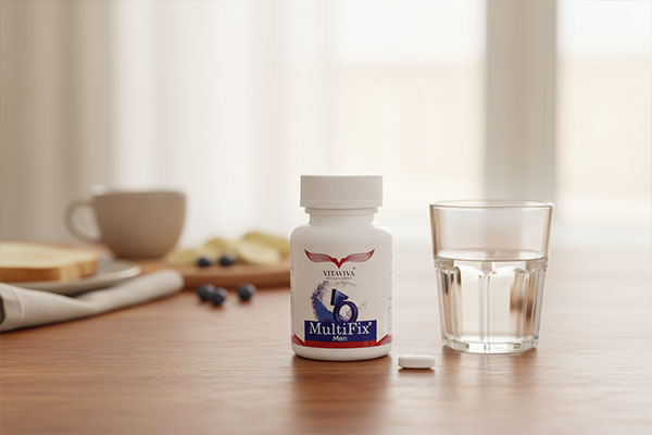 قرص مولتی فیکس آقایان ویتاویوا کنار لیوان آب