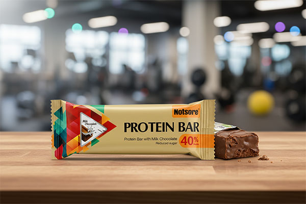 پروتئین بار ناتسور با روکش شکلات روی میز چوبی