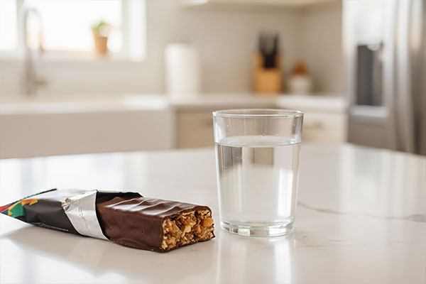 پروتئین بار ناتسور باز شده با روکش شکلات کنار لیوان آب