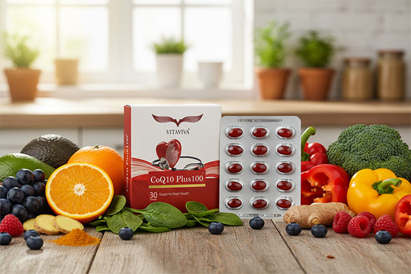 کپسول کوکیوتن پلاس 100 ویتاویوا در کنار مواد غذایی سالم