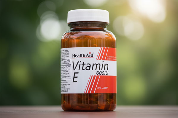 نمای نزدیک کپسول ویتامین E 600 هلث اید