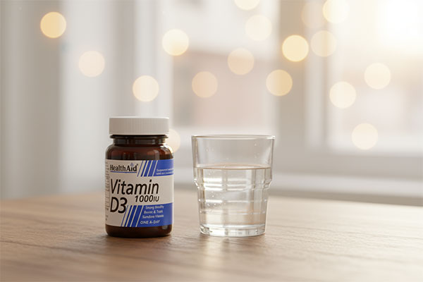 قرص ویتامین D3 هلث اید کنار لیوان آب