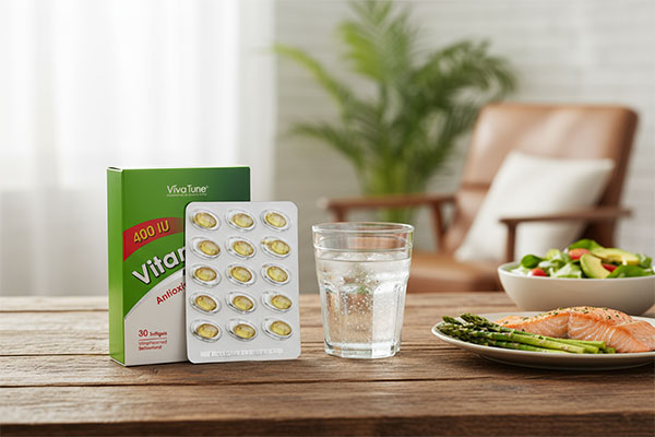 کپسول ویتامین ای ویواتیون کنار وعده غذایی سالم