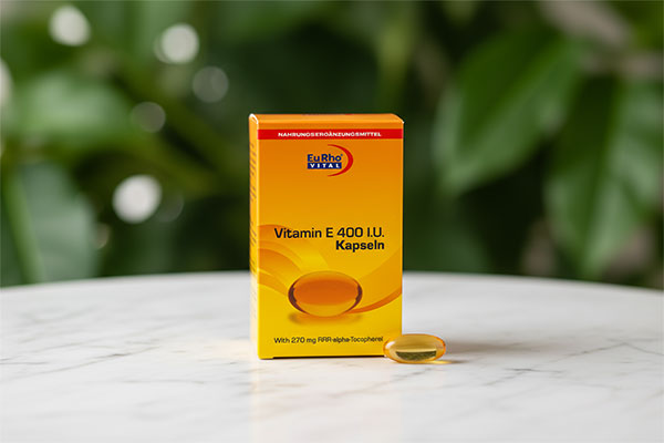 کپسول ویتامین ای 400 گیاهی یوروویتال روی سطح مرمر سفید