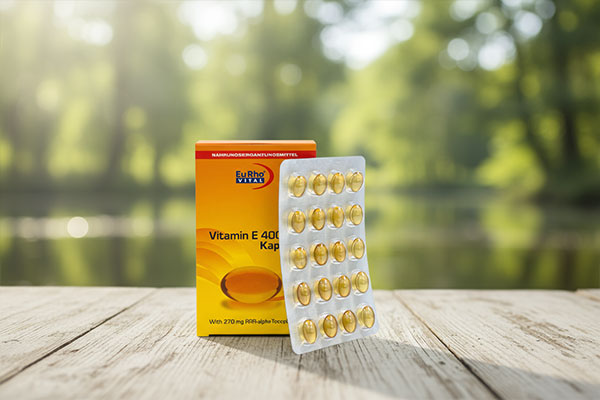 کپسول ویتامین ای طبیعی یوروویتال روی میز چوبی