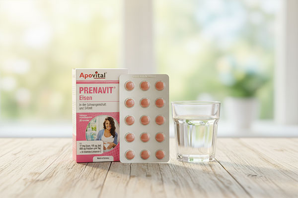 قرص پریناویت آهن آپوویتال کنار لیوان آب