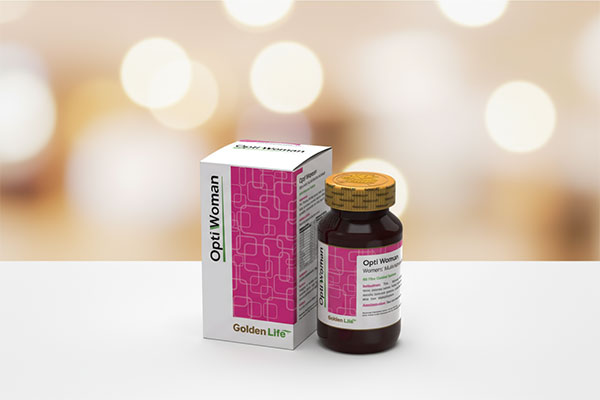قرص اپتی وومن گلدن لایف 60 عددی روی سطح سفید