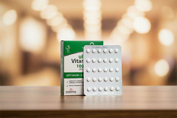 قرص اولترا ویتامین دی ویتابیوتیکس روی میز چوبی