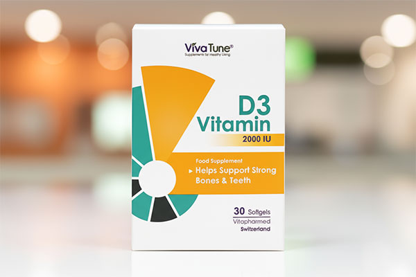 تصویر کپسول ویتامین D3 2000 ویواتیون روی سطح سفید
