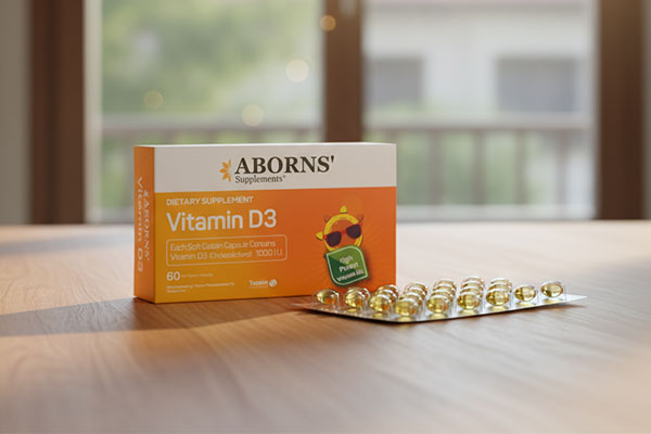 کپسول ویتامین دی ابورنز در کنار نور طبیعی پنجره