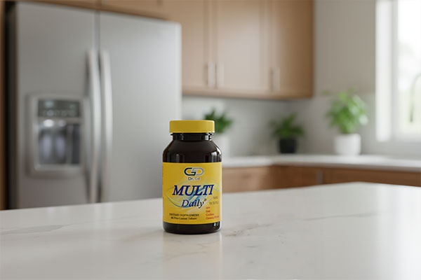 قرص مولتی دیلی دکتر گیل کنار لیوان آب