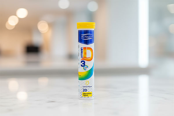 قرص جوشان ویتامین دی های هلث 1000 واحد روی میز سفید