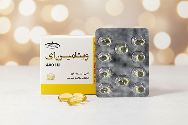 نمای نزدیک کپسول ویتامین ای کارن 400 واحد