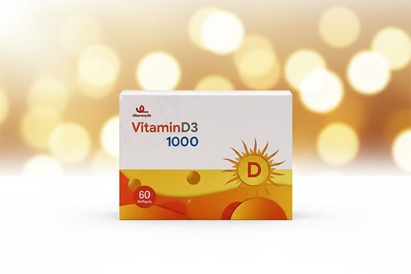 کپسول ویتامین D3 1000 ویتامین لایف روی سطح سفید