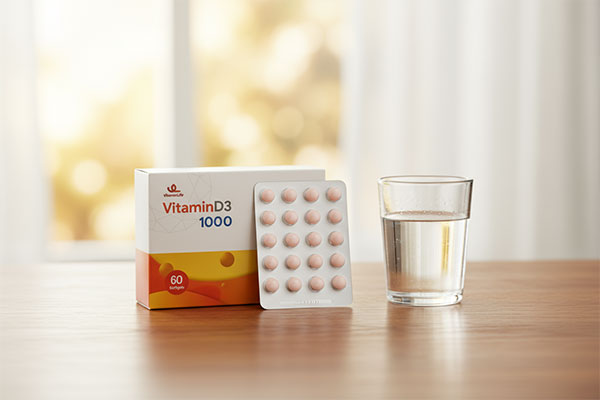 کپسول ویتامین دی 3 ویتامین لایف کنار لیوان آب