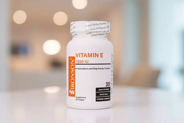 کپسول ویتامین ای 1000 برونسون روی سطح سفید