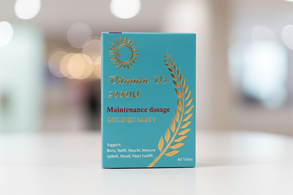 تصویر قرص ویتامین D3 2000 مولتی نرمال گلد کوآلیتی روی سطح سفید