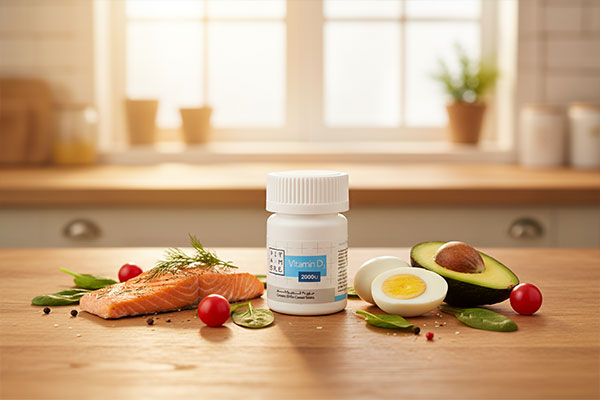 قرص ویتامین D3 ویتامور همراه با غذاهای سالم