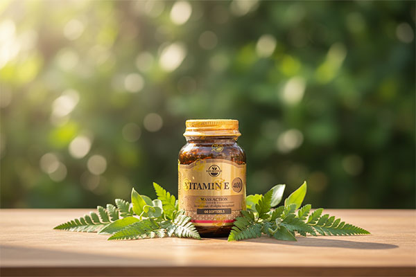 کپسول ویتامین E مکس اونیو روی میز چوبی با پس‌زمینه طبیعی