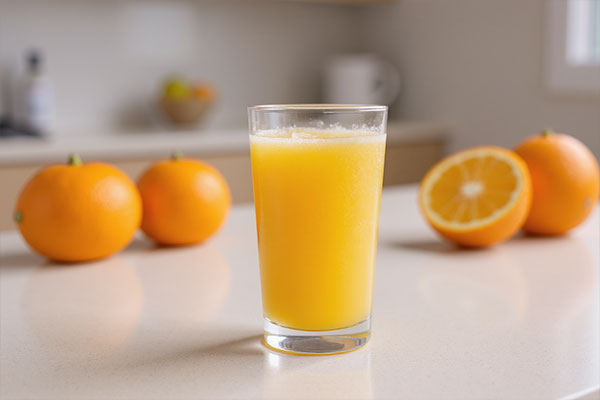 ساشه ویتامین سی پلاس کیدز یوروویتال در لیوان آب پرتقالی