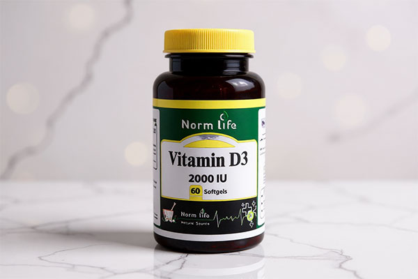 تصویر کپسول ویتامین D3 2000 نورم لایف روی سطح سفید