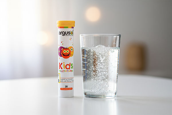 قرص جوشان آرگوسول کودکان کنار لیوان آب