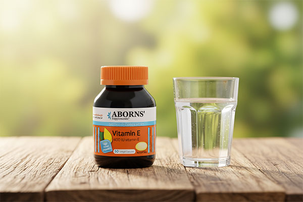 کپسول ویتامین E ابورنز کنار لیوان آب