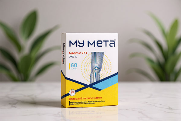 قرص ویتامین دی 2000 مای متا روی سطح مرمر سفید