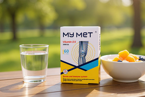 قرص ویتامین دی مای متا کنار صبحانه سالم