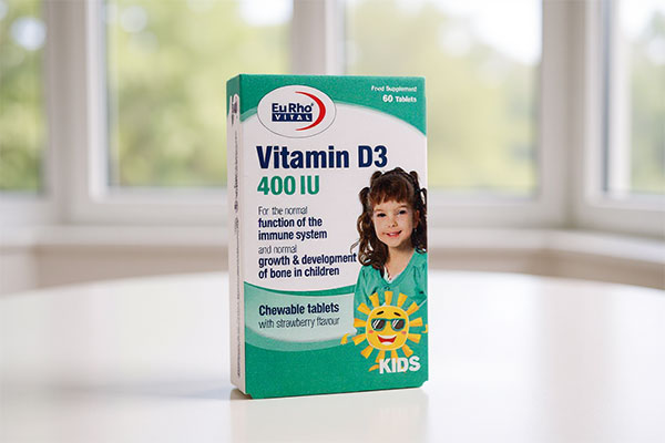 قرص جویدنی ویتامین دی 400 یوروویتال روی میز سفید