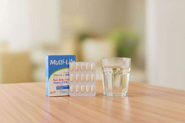 قرص مولتی لایف لایف آن کنار لیوان آب