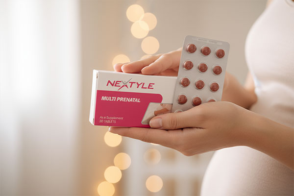 قرص مولتی پریناتال نکستایل در دست یک زن