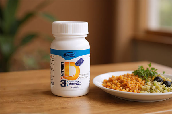 قرص ویتامین D3 1000 های هلث کنار لیوان آب و وعده غذایی سالم