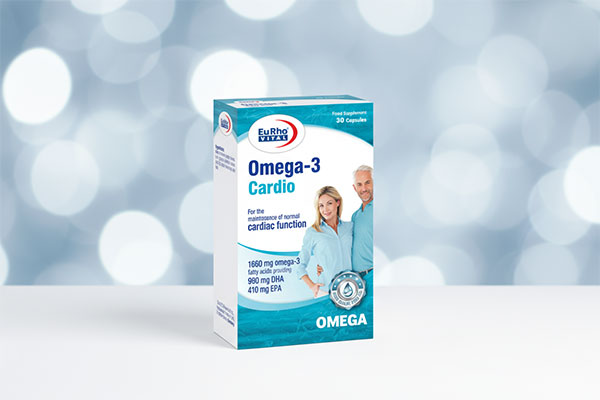 بسته‌بندی کپسول امگا 3 کاردیو یوروویتال