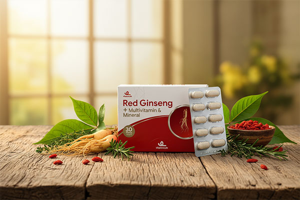 قرص جینسینگ قرمز پلاس ویتامین لایف در کنار گیاهان طبیعی