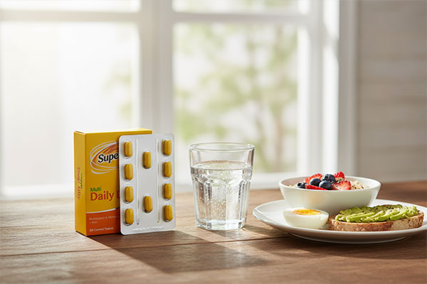 قرص سوپرابیون مولتی دیلی کنار صبحانه سالم
