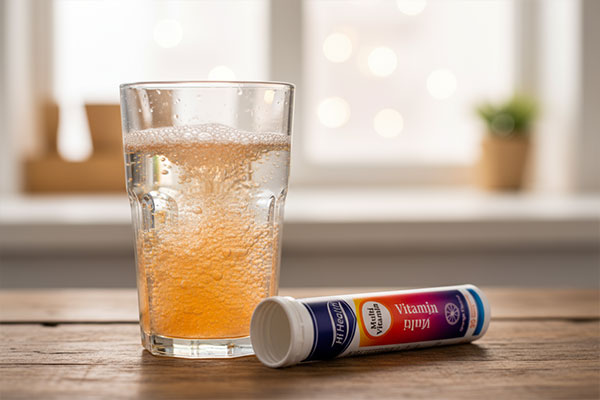 قرص جوشان مولتی ویتامین های هلث در لیوان آب