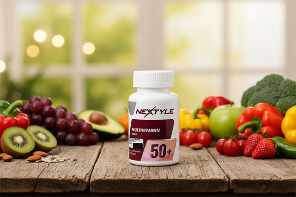 قرص مولتی ویتامین بالای 50 سال نکستایل روی سطح سفید